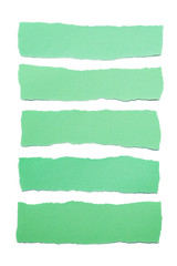 Collection of green paper stripes with torn edges isolated on white background
