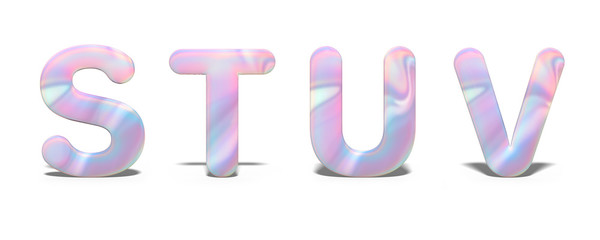 Set of capital letters S, T, U, V in bright holographic design, shiny neon alphabet.