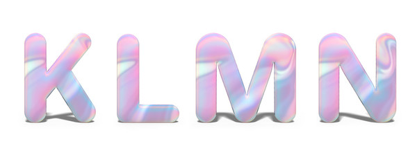 Set of capital letters K, L, M, N in bright holographic design, shiny neon alphabet.