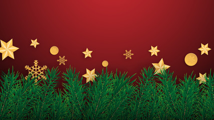 Merry Christmas and Happy new year greeting card background. Vector illustration Christmas celebration with pine leaves, star,snowflake, decoration on red. banner, flyer, poster, wallpaper, template.