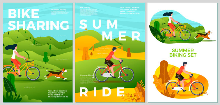 Vector summer posters set - bike riding activities. Forests, trees and hills on background. Print template with place for your text.