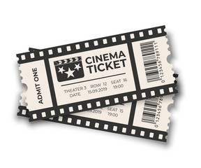 White overlapping cinema ticket with barcode templates set isolated on white background. Vector design elements.
