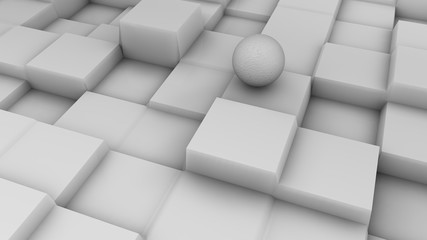 3D illustration of a white sphere on a white surface with a cubic relief. Futuristic design, abstract background for your desktop. 3D rendering of a chaotic arrangement of geometry on a surface.