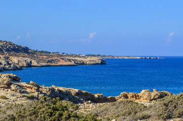 Fototapeta na wymiar Ayia Napa, the island of Cyprus. Mediterranean coastline. Seascape. Background. Copy space.