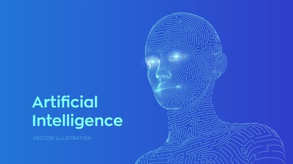 Artifactial intelligence concept. Ai digital brain. Abstract digital human face. Human head in robot computer interpretation. Robotics concept. Wireframe head concept. Vector illustration.