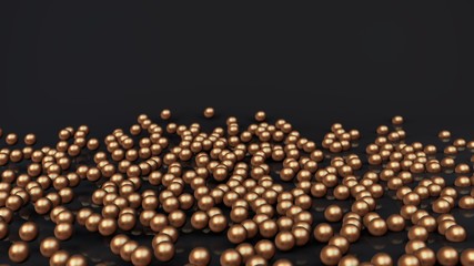 3D rendering lots of bronze and gold balls in a pile, the spheres scatter on the black reflective surface. 3D illustration for futuristic background, desktop screensavers, abstract compositions.