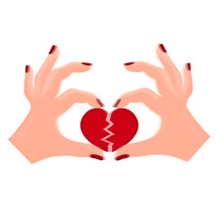 Women's hands tearing a heart. Vector isolated on white background