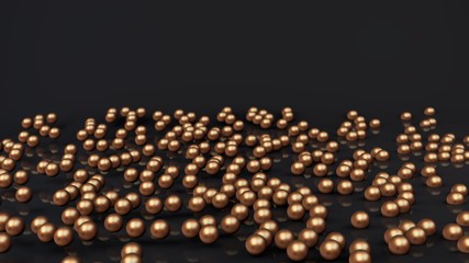 3D rendering lots of bronze and gold balls in a pile, the spheres scatter on the black reflective surface. 3D illustration for futuristic background, desktop screensavers, abstract compositions.