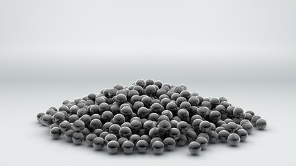 3D rendering lots of metal chromed balls in a pile, spheres scattered on a white surface. 3D illustration for futuristic background, desktop screensavers, abstract compositions.