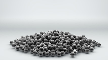 3D rendering lots of metal chromed balls in a pile, spheres scattered on a white surface. 3D illustration for futuristic background, desktop screensavers, abstract compositions.