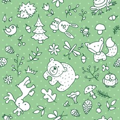 Seamless forest kids pattern for kids and design. With the image of a bear, rabbit, fox, butterfly, dragonfly, frog, owl, hedgehog, trees, mushrooms and berries.