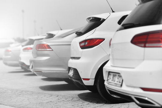 Fototapeta car parking of dealership  in black and white style