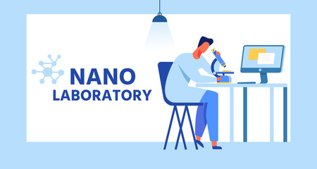 Nano Laboratory Cartoon Ad Banner with Flat Frame