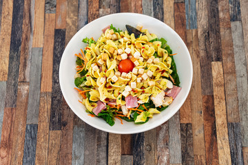 Delicious bacon chicken salad with cheese sauce