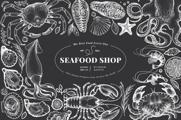 Seafood shop hand drawn vector banner template. Retro style illustration on chalk board © lubovchipurko