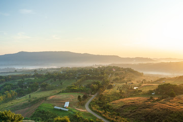Morning sunrise viewpoint with the sea mist at Khao Kho in Thailand, soft focus.