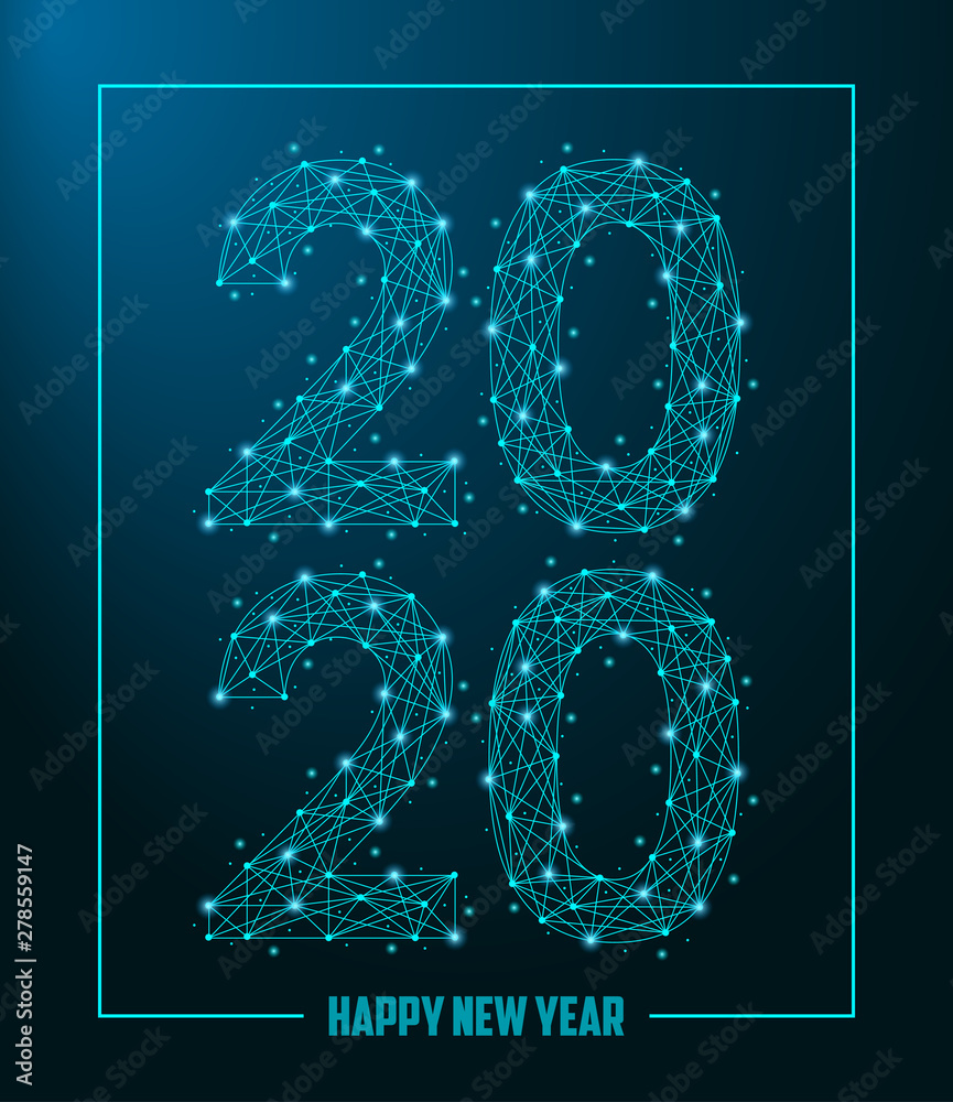 Aufkleber 2020 new year made by polygonal wireframe mesh. low poly greeting card. vector illustration.