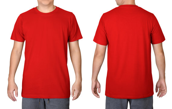 Red t-shirt on a young man isolated on white background. Front and back  view. Stock Photo | Adobe Stock