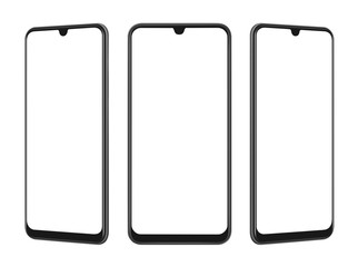 Front and perspective view of black smartphone with blank screen and modern frame less design isolated on white with clipping path