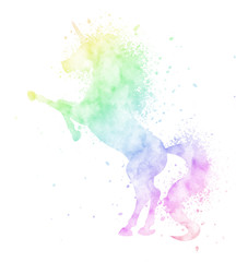 Watercolor unicorn silhouette painting with splash texture isolated on white background. Cute magic creature illustration in rainbow colors. - 278560162