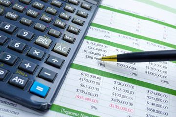 Calculator on chart and graph spreadsheet paper. Finance development, Banking Account, Statistics,...