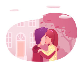 Teenagers kissing flat vector illustration