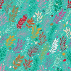 Floral seamless pattern with flowers, leaves and branch.