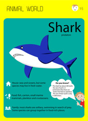 Shark. educational flash cards for children, kindergarten, child center. Habitat, food, interesting facts. Home schooling. Learning English