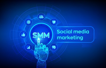 SMM. Social media marketing. Likes, comments, followers and message icons on virtual screen. Robotic hand touching digital interface. Business and internet concept. Vector illustration.