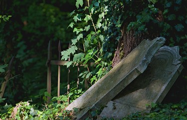 Old gravestones in an old cemetery. Photographed in Slovakia.