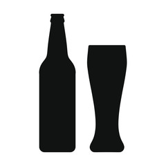 Beer bottle and glass graphic icon. Beer bottle and glass sign isolated on white background. Vector illustration