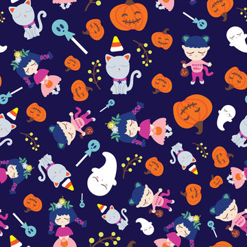 Seamless pattern of halloween theme. Cute girls in halloween costume with cats, candies, good ghost and Jack-o'-lantern.