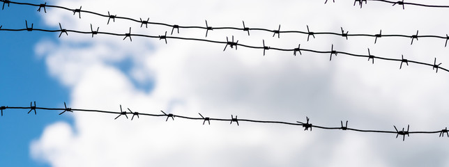 Barbed wire on country border. Barbwire on fence for prohibition of illegal aliens crossing.