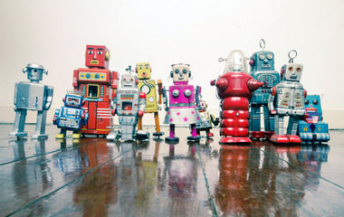 a big team of robots on an old