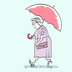 An elderly lady in the rain. Granny with umbrella