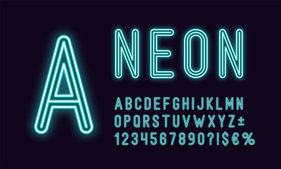 Neon rounded alphabet, Azure color. Outlined Font