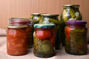 Homemade preserves on a rustic background, Russia.