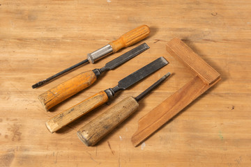 Old tools. Chisels. Tools for wood processing.