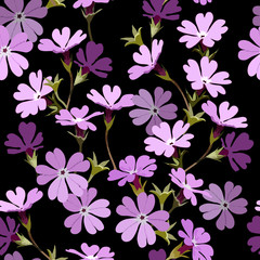 Vector seamless pattern with finely toothed primula, violet-violet purple on black background for fabric design