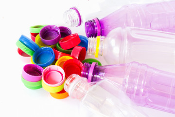 plastic bottles caps. recycling To conserve the environment concept on white background
