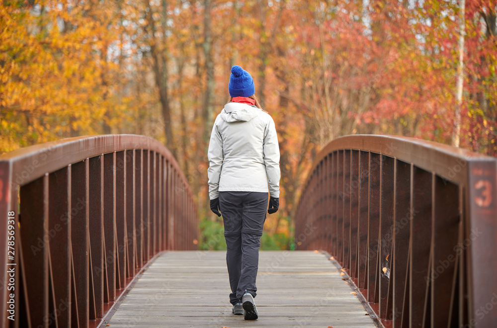 Wall mural woman hiking at stowe recreation path on autumn day in vermont, usa.