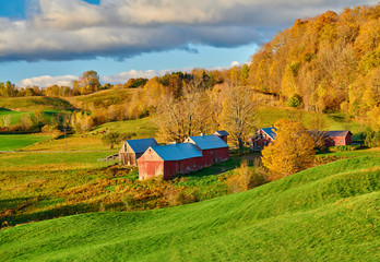 Jenne Farm with barn at sunny autumn morning in Vermont, USA