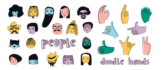 Hand drawn big set of people faces and popular hand gestures. Perfect for social media, websites, avatars. Trendy icons collection. Vector illustration. All elements are isolated