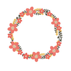 Flower wreath vector illustration with pink/coral color suitable for frame or wedding invitation decoration 