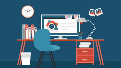 Analytics workplace in the office. Vector