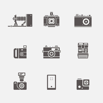 Isolated camera icons in grey shape vector set
