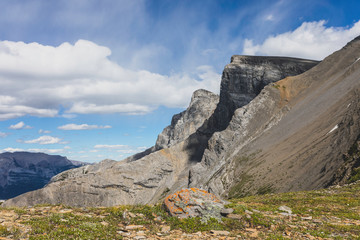 Three Sisters Peaks close-up. This mountainous formation is located in Rocky Mountains and it can be seen from almost any location in Canmore, Alberta, Canada
