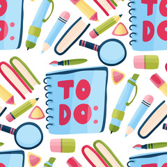 Seamless vector school pattern with to do planner, pencil, pen, book, eraser, pen. Study stationery in a flat style.