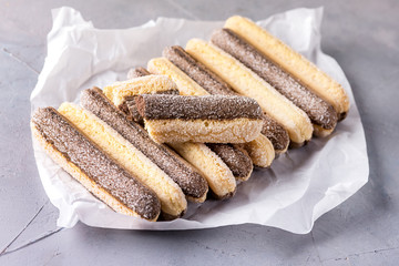 Italian Cookie Savoiardi Tiramisu Biscuits Savoiardi Biscuits on Gray Background Horizontal Copy Space Place for text