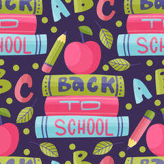 Seamless vector school pattern. Cute cartoon flat illustration with books, red apple, pencil and message and abc letters. Back to school.